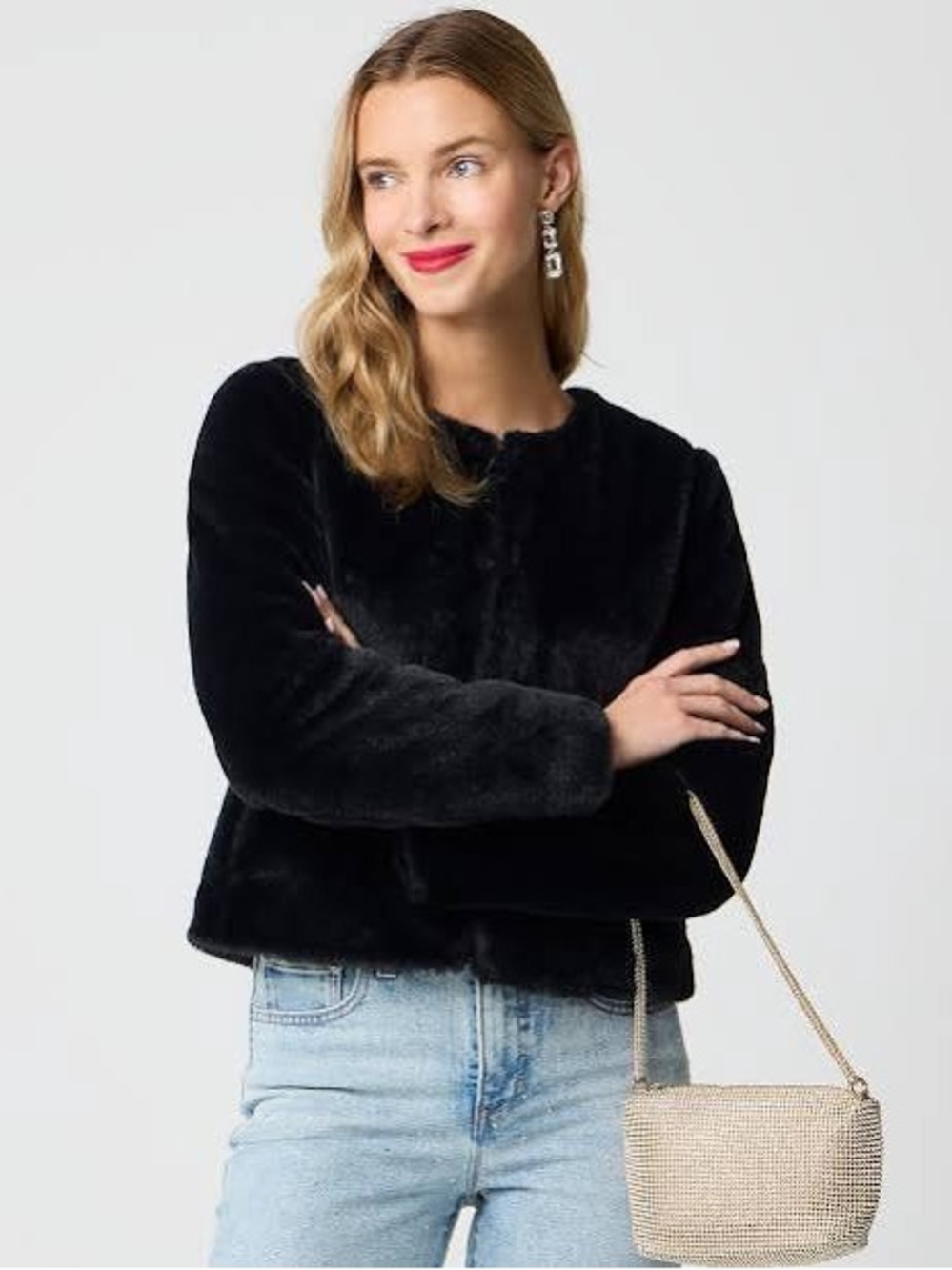 NWT J.Crew Factory Faux-Fur Cropped Jacket Black Coat Glam XL